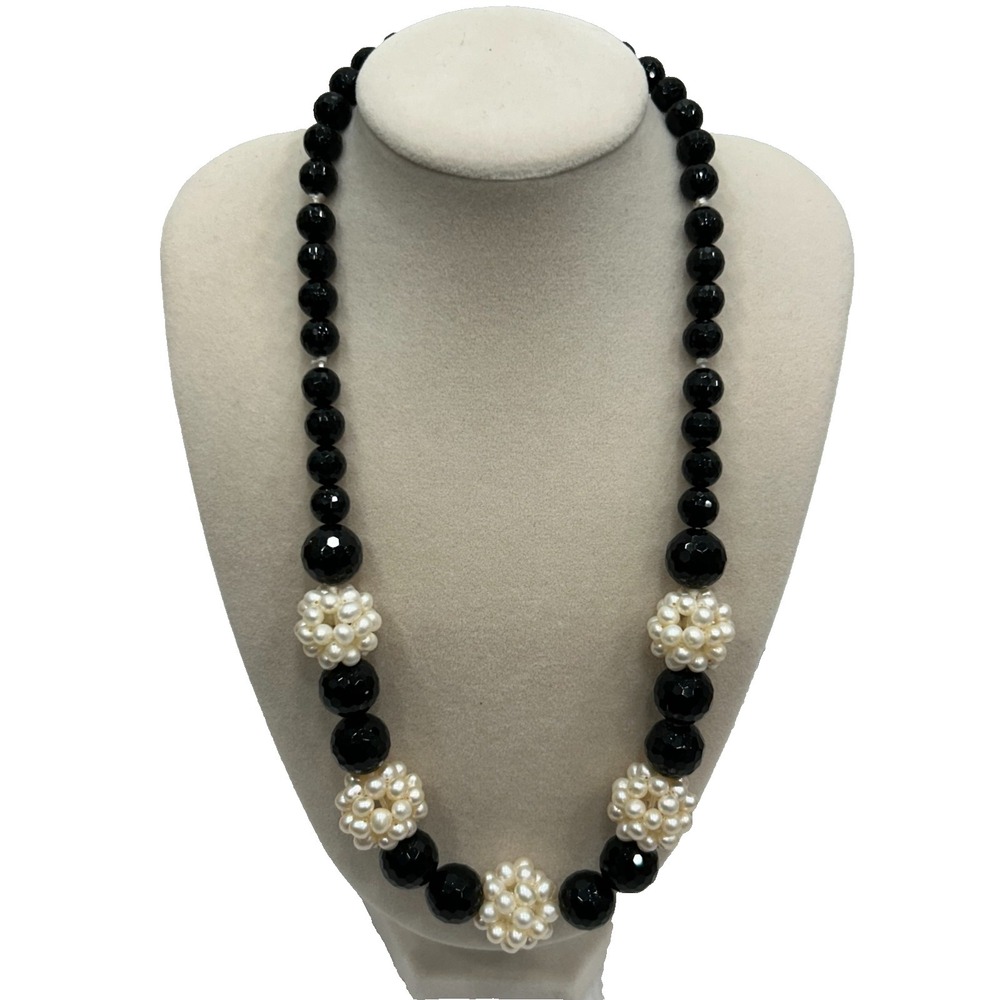 Zoe B Black 10K‎ Clasp Faceted Round Onyx Pearl Cluster Statement Necklace 16"
